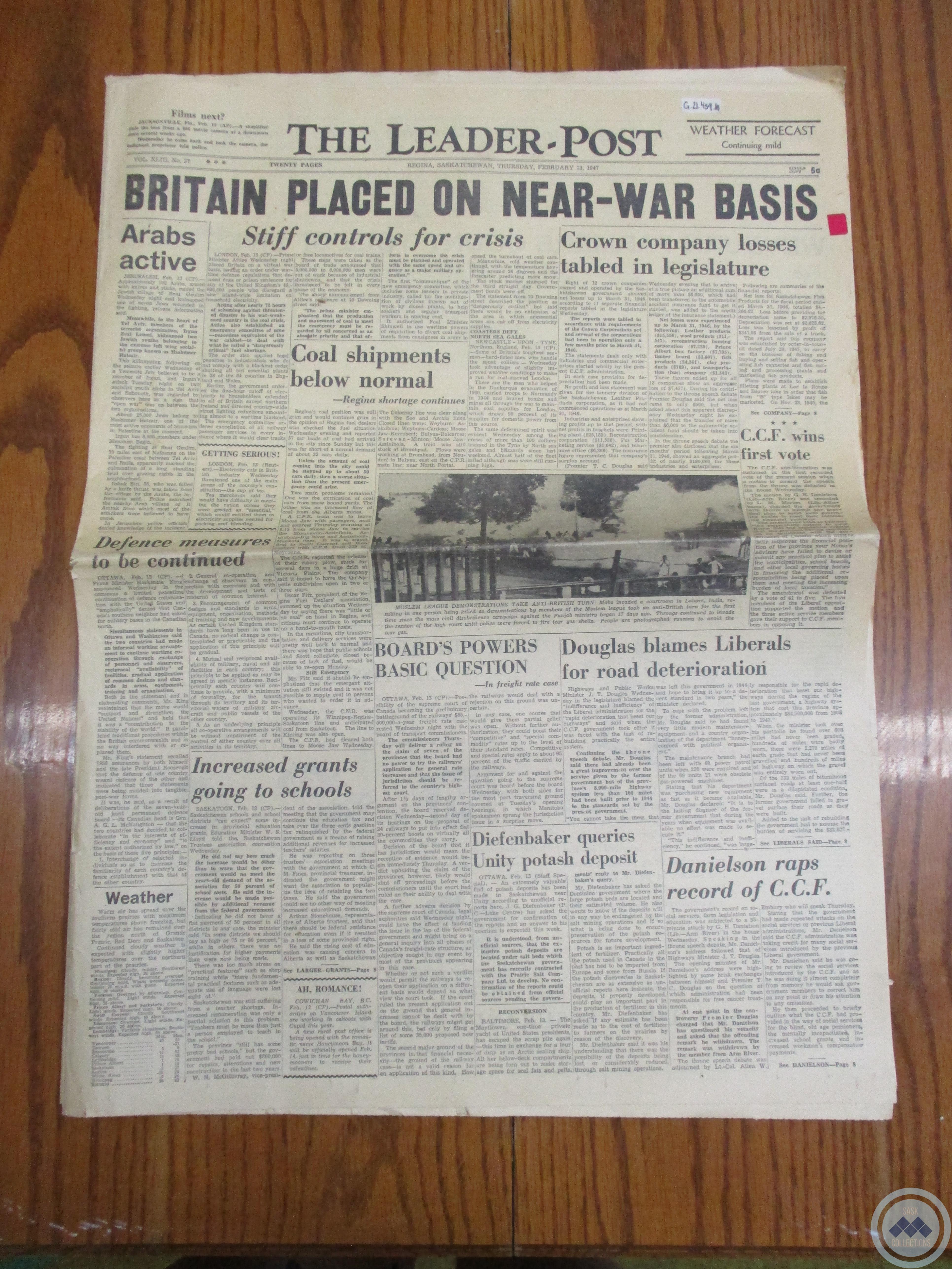 The Leader-Post: “Britain Placed on Near-War Basis” (February 13, 1947)