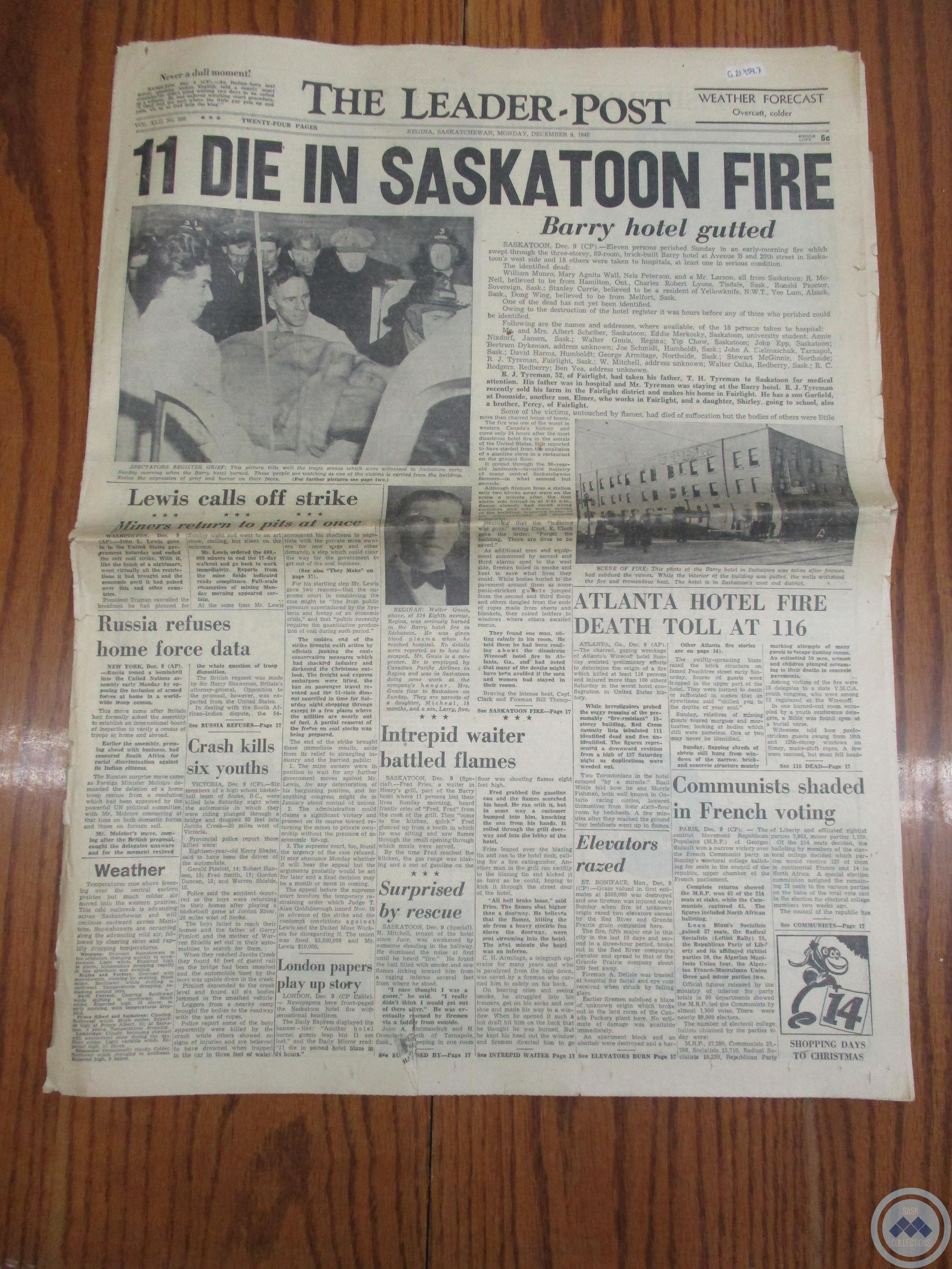 The Leader-Post: “11 Die in Saskatoon Fire” (December 9, 1946) 