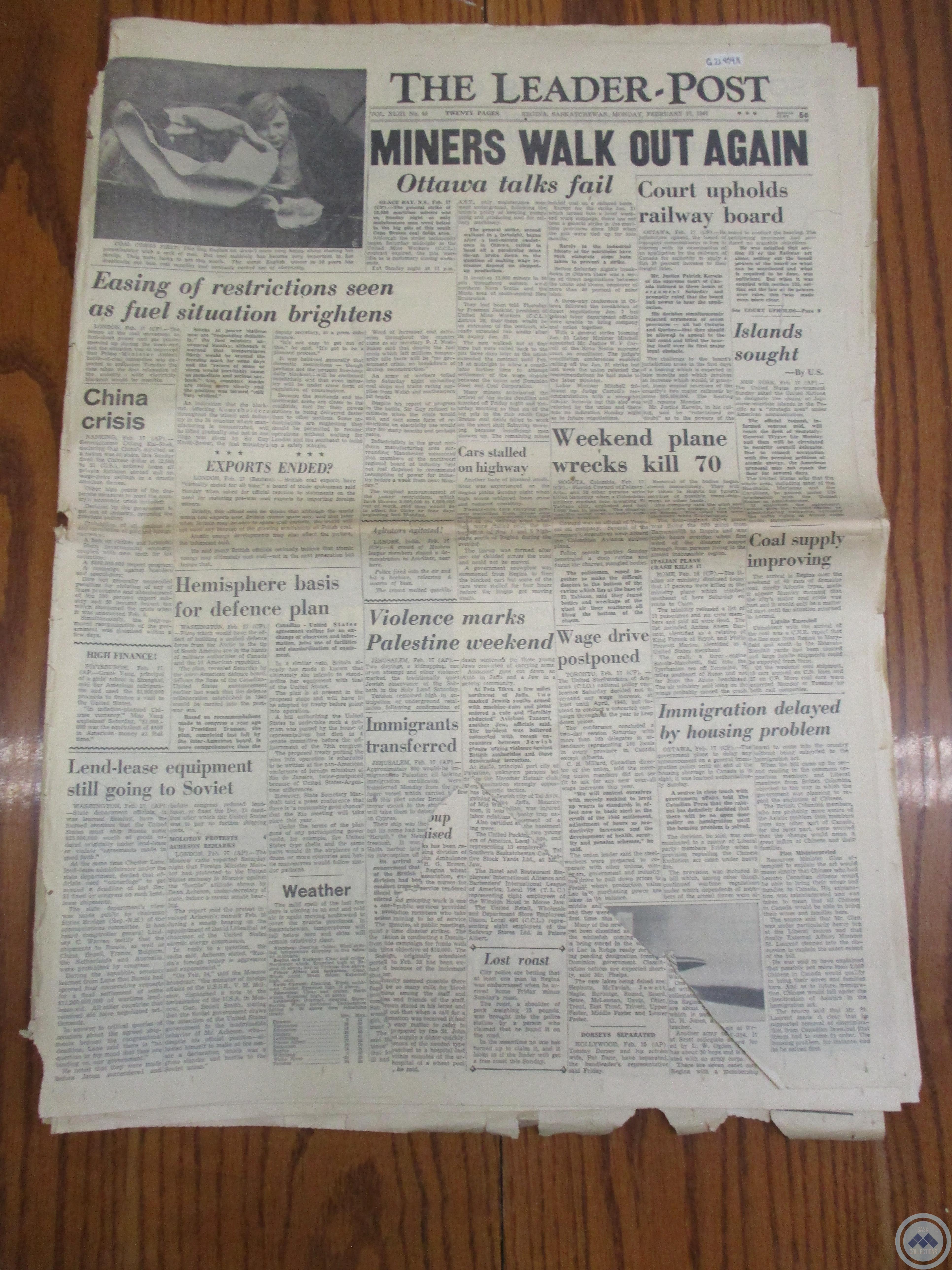 The Leader-Post: “Miners Walk Out Again” (February 17, 1947) 